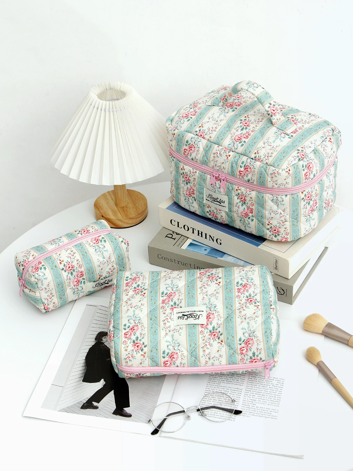 1 stk/set roze bloem groen streeppatroon multifunctionele cosmetische opbergtas organizer met ritssluiting voor thuisreizen en school