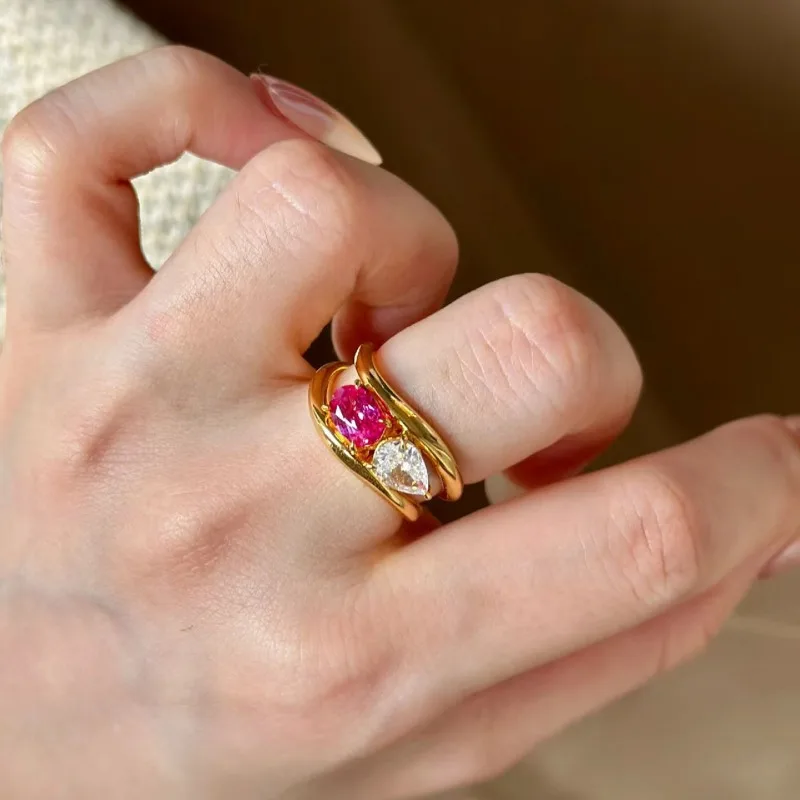 Fashion Pink White Zircon Geometric Rings for Women New Stainless Steel Adjustable Ring Bridal Wedding Jewelry Accessories Gift