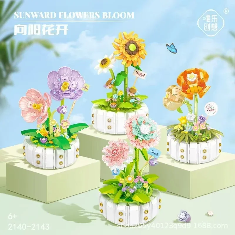 

Sun-Kissed Blooms Floral Building Blocks Set - 4-Piece Potted Arrangement, Romantic Bouquet Design, Valentine's Day Gift