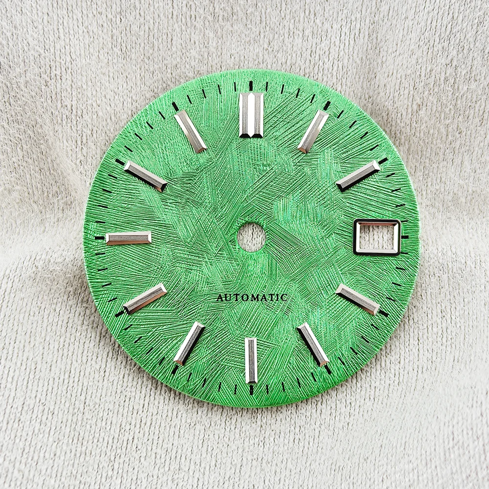 Image of NH35 Smaragdgrünes Zifferblatt 28,5MM Weißes Birkenbaum-Muster Automatisches Zifferblatt NH35 Silberne Skala Mehrfarbiges Zifferblatt Uhrenmod NH35