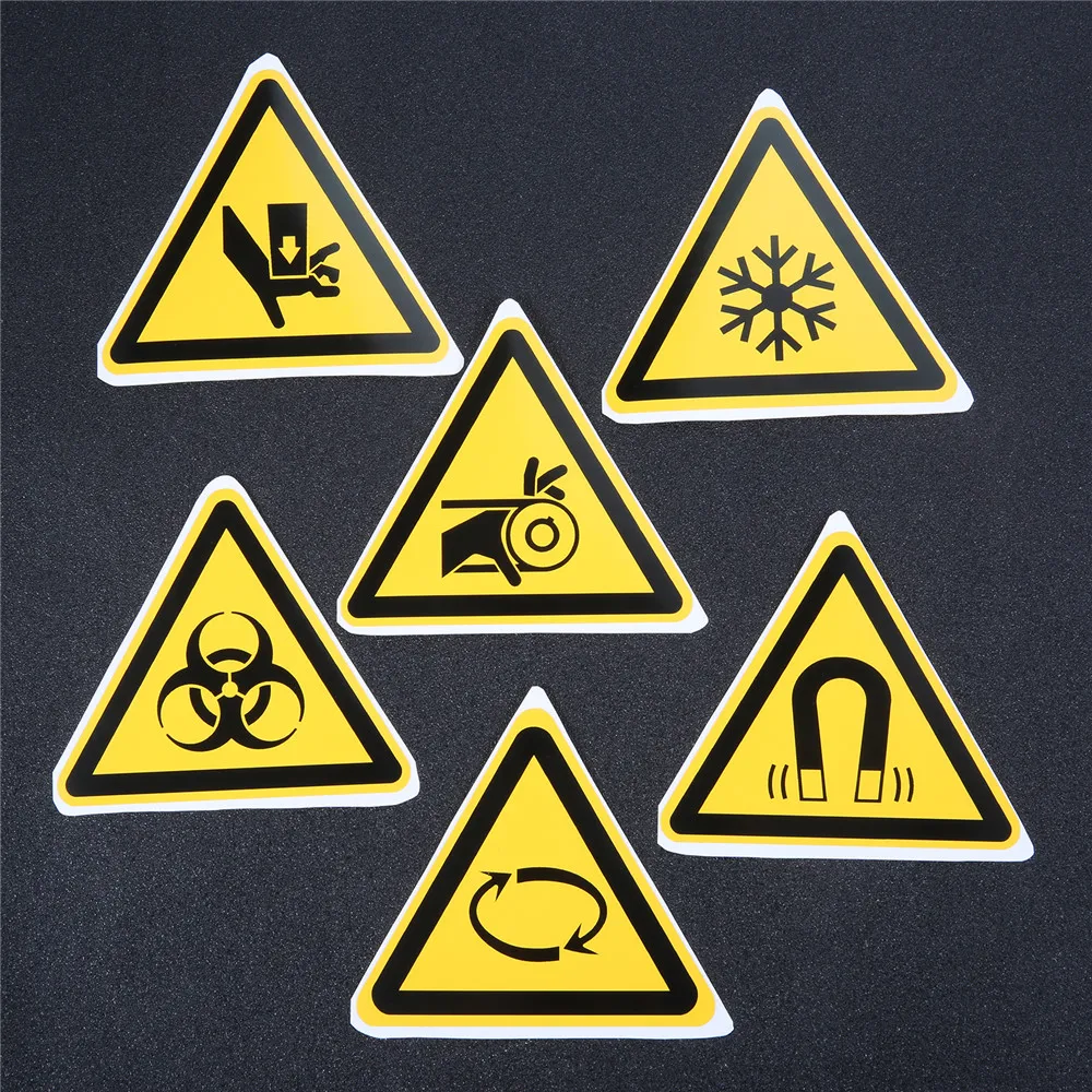 

5pcs 2.5/5cm Triangle Warning Sign Sticker Getting Involved Biohazard Low Temperatures Stamping Magnetic Fields Spinning Alarm