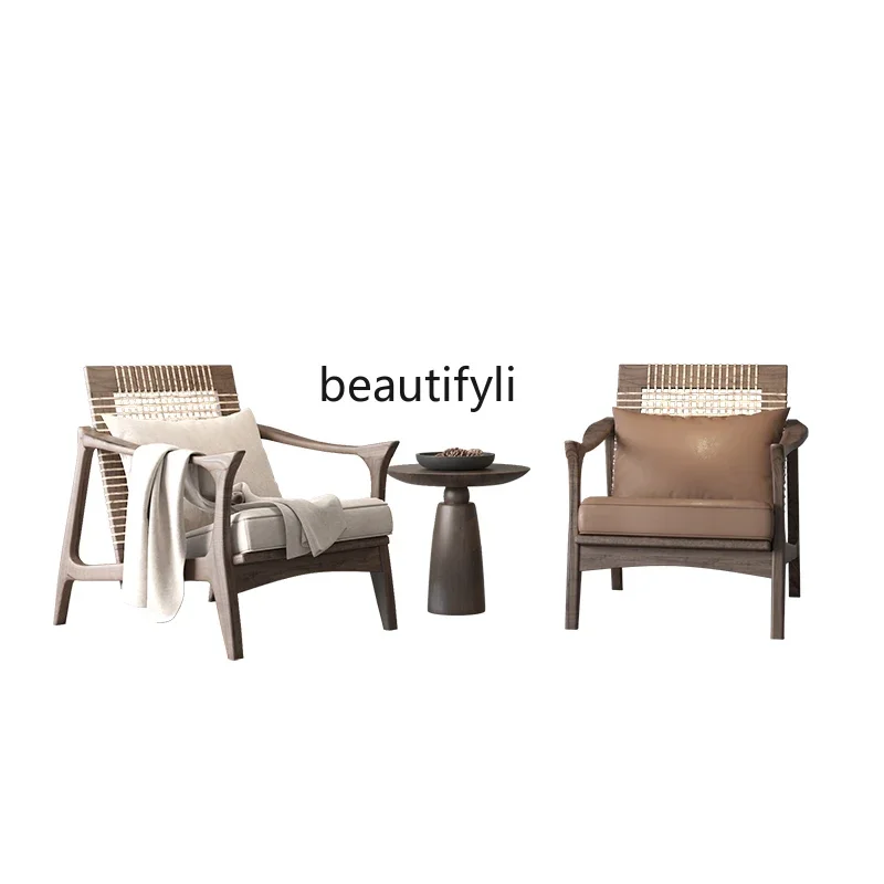 

X188Quiet Style Walnut Single Sofa Living Room Nordic Homestay Rattan Chair Balcony Leisure Solid Wood Sofa Chair furniture