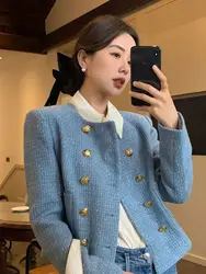 Chaqueta de traje de alta gama para mujer, abrigo corto elegante de Tweed azul de doble botonadura, Top de traje de oficina para mujer, primavera y otoño, 2024