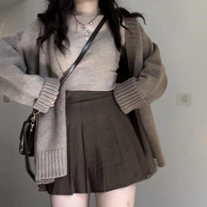 Winter Women Korean Old Money Y2k Mori Girl Vintage Outfits 3 Piece Set Thick Oversize Cardigan + Camisole + Mini Pleated Skirts