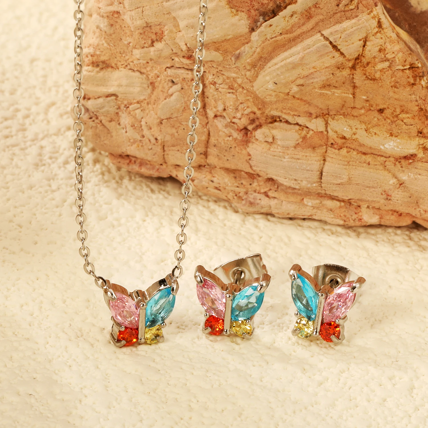 LUXUKISSKIDS Butterfly Earrings Stainless Steel Shiny Crystal Jewelry Set Romantic Butterflies Charms Necklace серьги Decoration