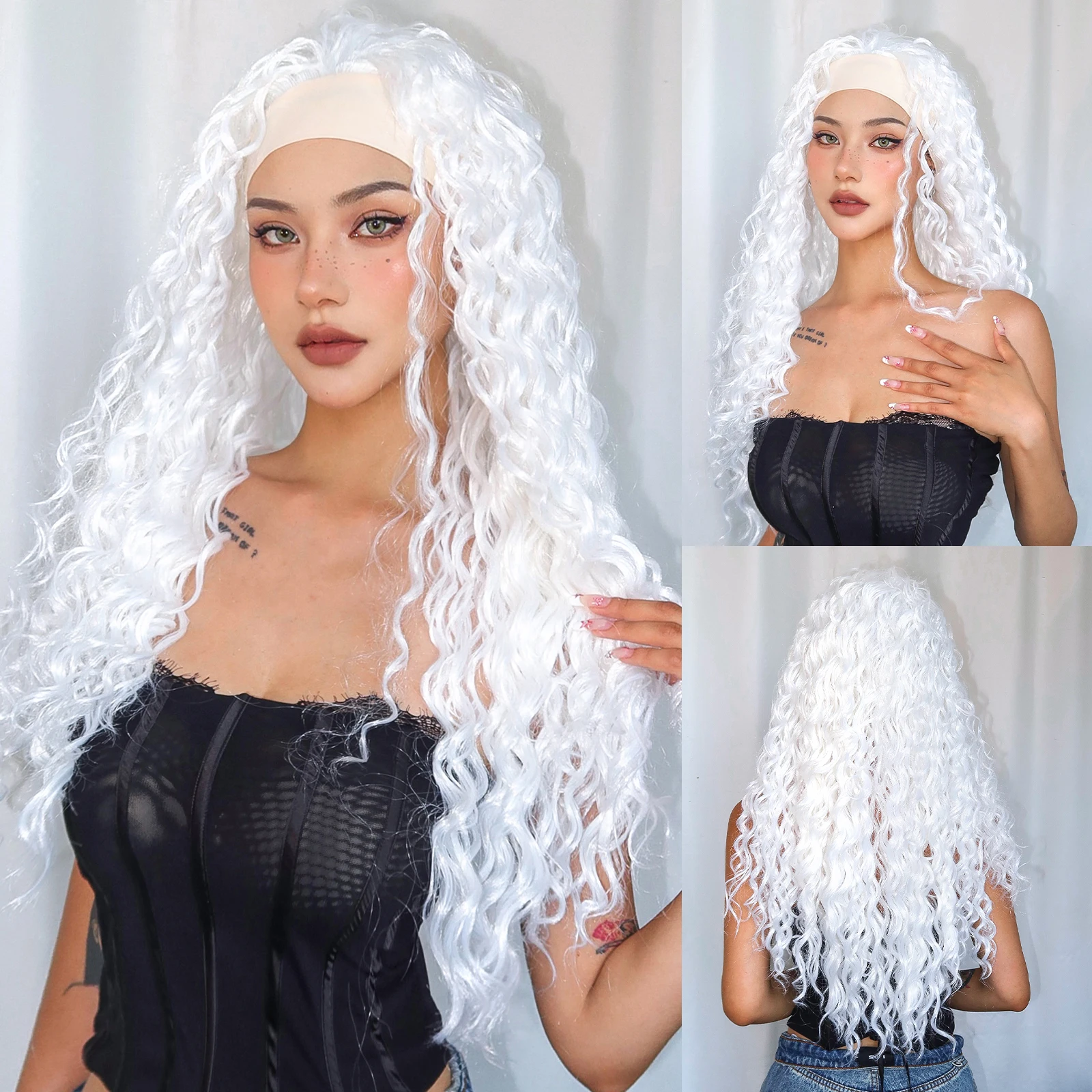 

Повязка на голову, вьющиеся белые синтетические парики, длинные волнистые волосы, парик с глубокой волной, богемные натуральные волосы для афро-женщин, термостойкие для косплея