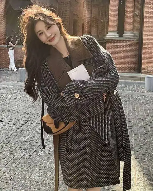 

Шерстяные пальто, женское шерстяное пальто с принтом, зимнее твидовое двубортное пальто с зубчатым воротником, элегантное, шикарное, офисное, женское, мягкое