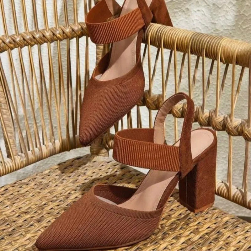 Pointed Toe Shallow Mouth Block Heel Sandals Summer New Anti-Slip Wear-Resistant Slip-On Heels view 4