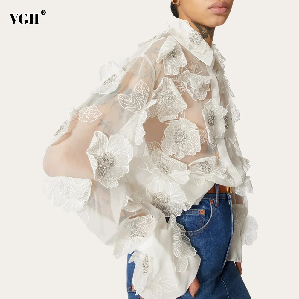 

VGH Patchwork Appliques Solid Casual Blouses For Women Lapel Long Sleeve Spliced Sheer Mesh Temperament Loose Shirts Female New