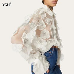 VGH informal-Blusa de manga larga con solapa para mujer, camisa holgada de malla transparente con apliques de retazos, color liso, novedad