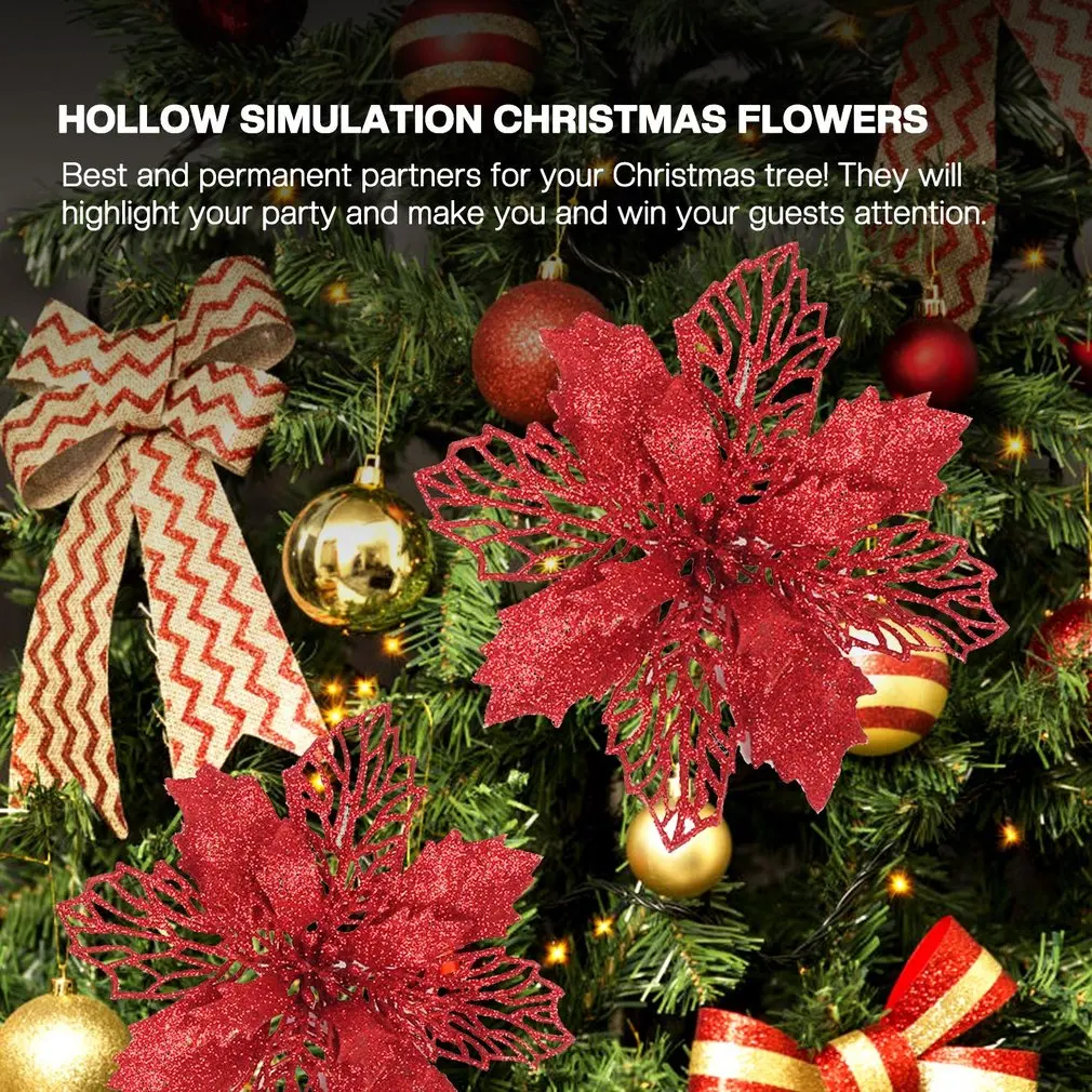 Christmas Poinsettia Flower Decor Poinsettia Artificial Christmas Flowers Decorations Glitter Xmas Tree Flower Ornaments