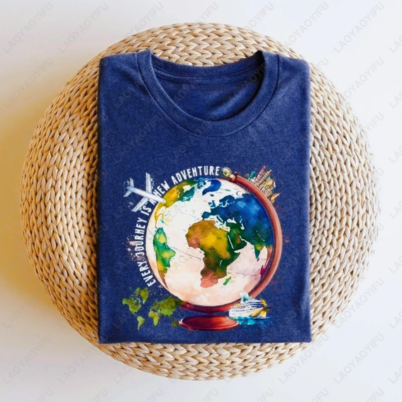 T-shirt de voyage avec carte du monde, cadeau pour les voyageurs, géographie, Wanderlust, manches courtes, pour hommes et femmes, en coton, pour les vacances