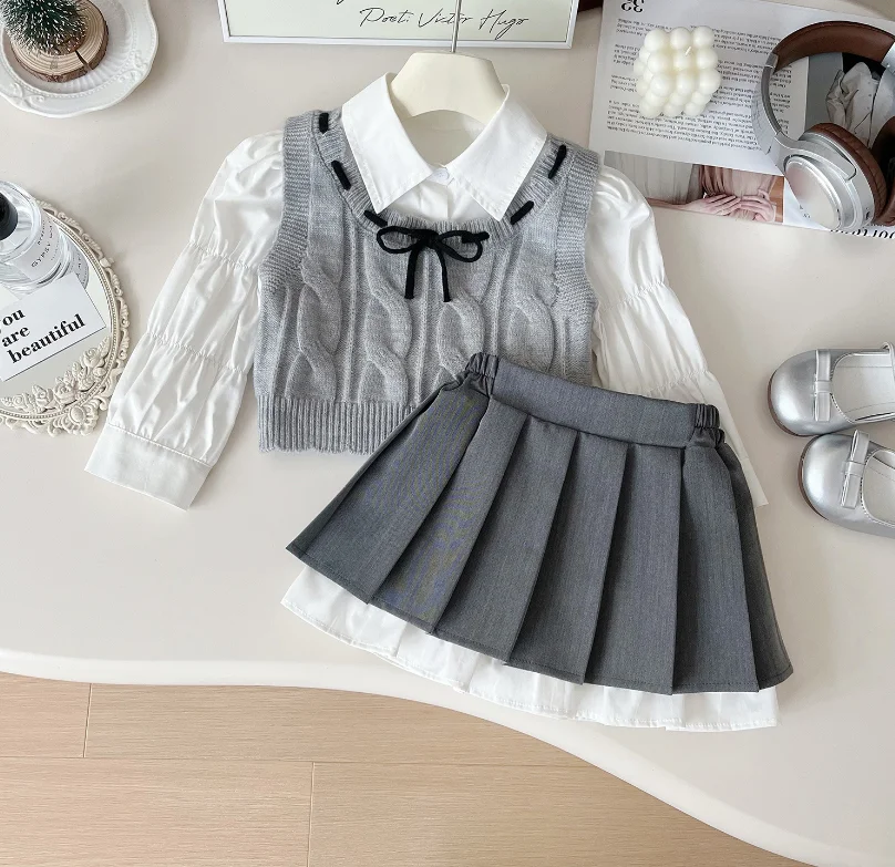 

New Baby Girls Fall Fashion 3 Piece Sets Knitting Vest+ Long Sleeve Blouse+ Skirts Princess Elegant Suits 2-7T