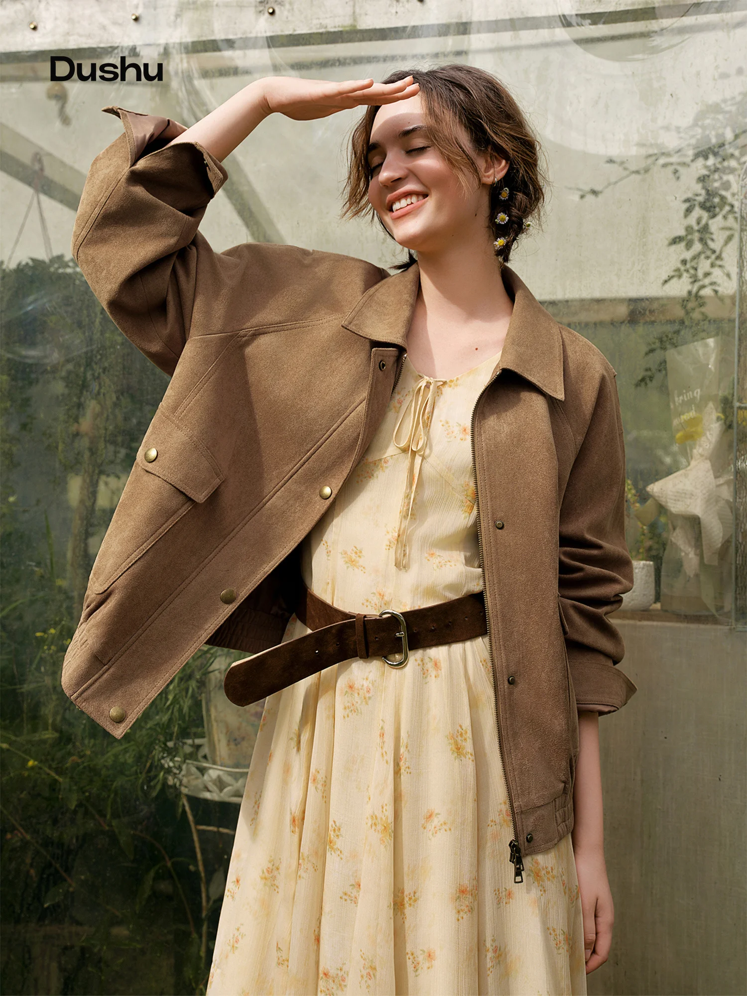 DUSHU 2026 Fall Women's Stylish Raglan Sleeve Cropped Utility Jacket - Vintage Commuter Casual Outerwear for Everyday Use