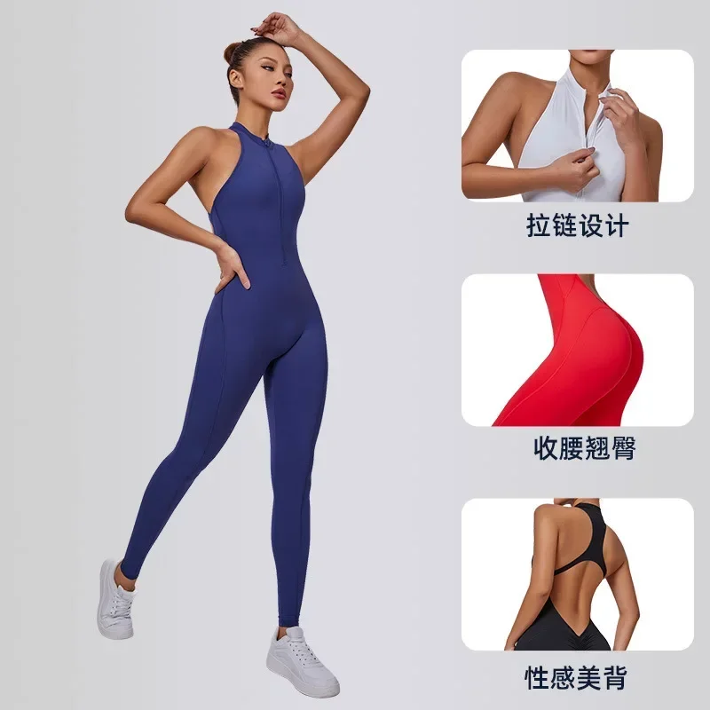 

Sexy Hollow Backless Scrunch Sporty Jumpsuit Raises Butt Woman Gym Set One Piece Sport Suit Sleeveless Zip Yoga Fitness Overalls