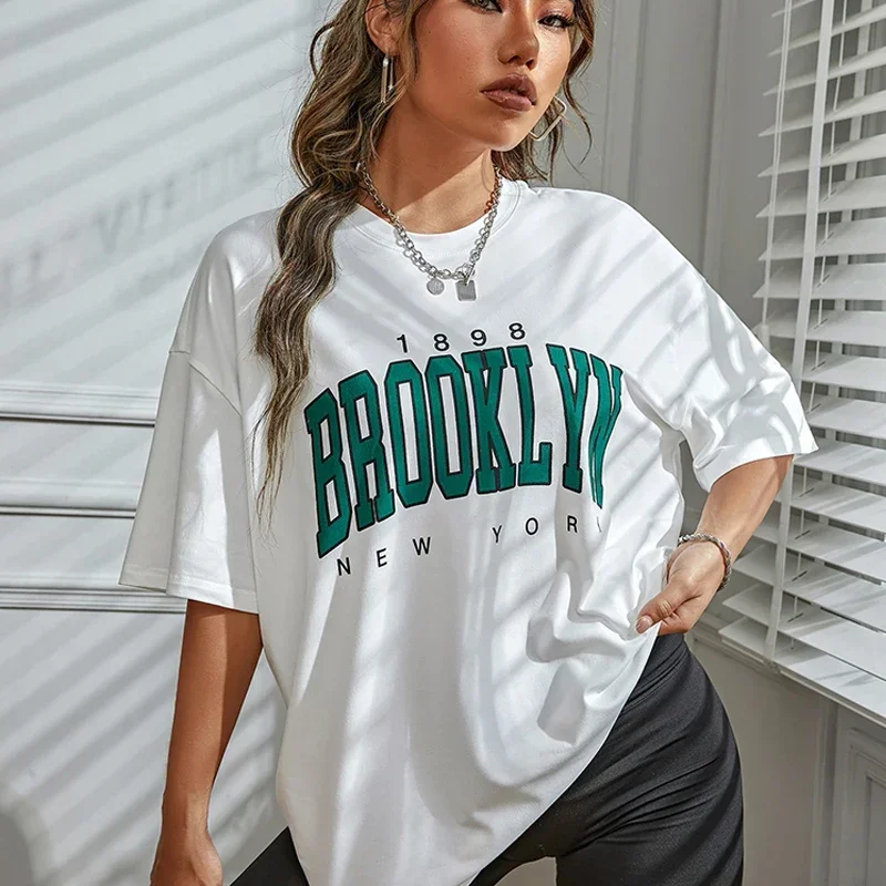 Vintage 1898 Brooklyn York Letter Drop Women T-Shirt Shoulder Print Oversized T Shirt Y2K Top Simple Clothes Female Tshirt