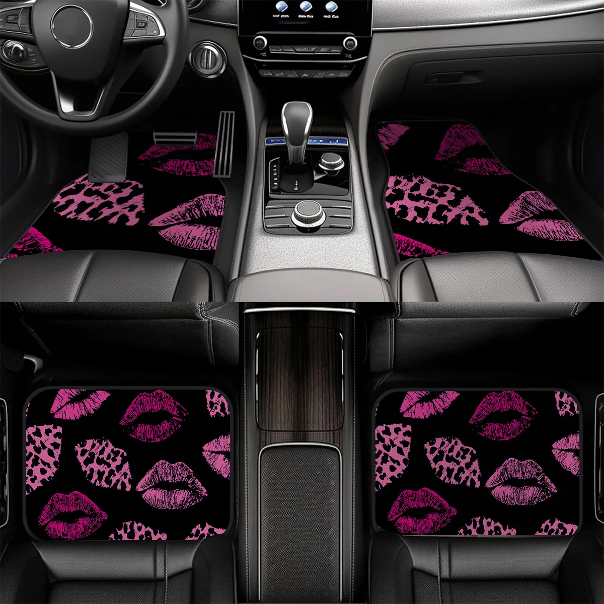 4pcs Sexy Pink Lips Car Floor Mats - Elegant Pink Lips Design With & Pink Leopard Print, Non-Slip Grip, Easy-Clean Surface, Fit