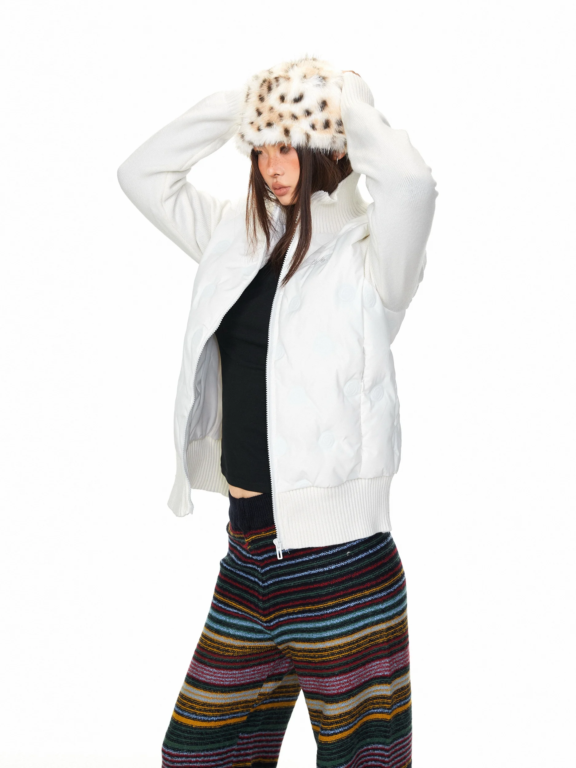 Blackbb Knitted Patchwork Thickened Stand Collar down Jacket American Trendy Loose Lazy Outerwear Warmth Polyester Fiber