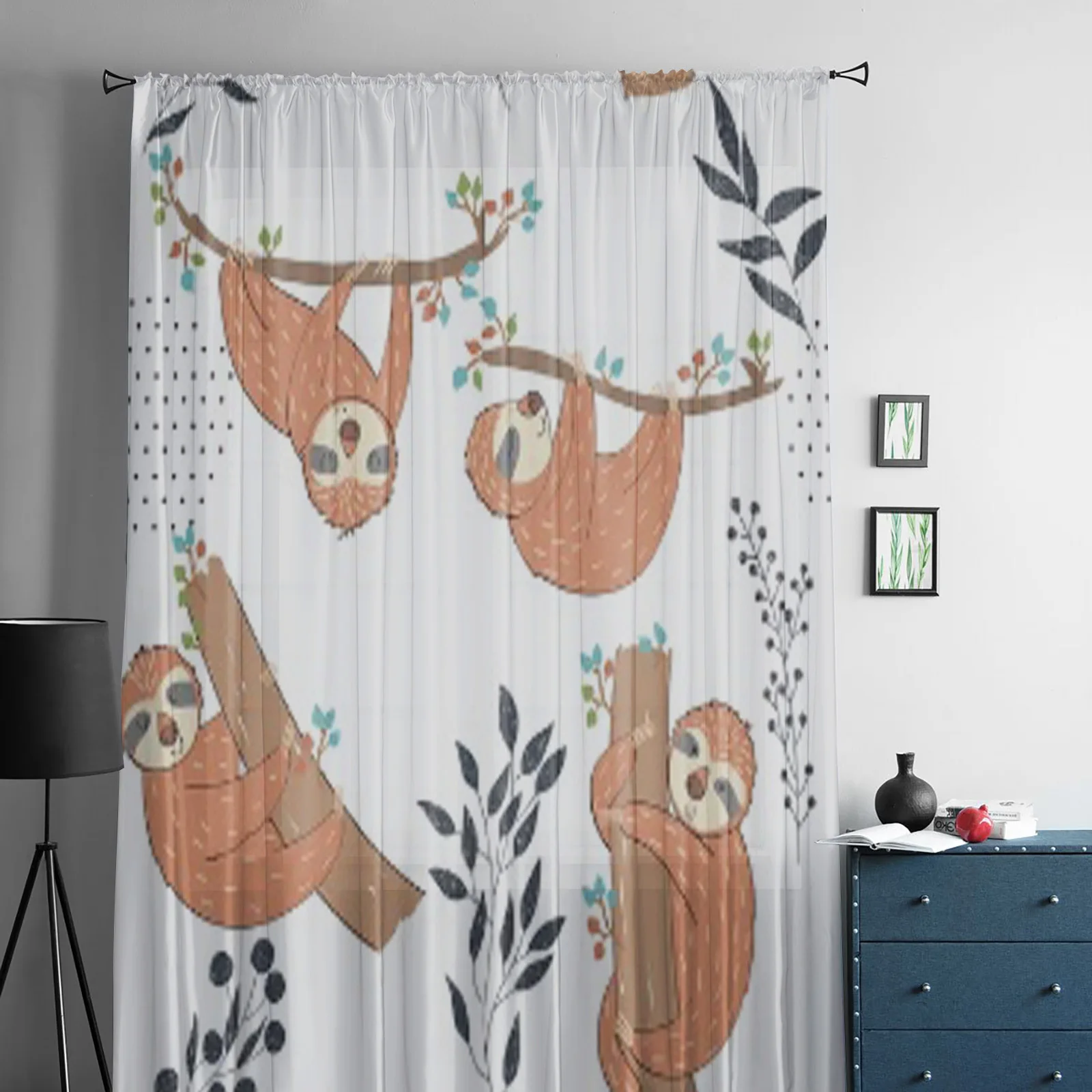 Hand Drawn Funny Sloths Sheer Curtains For Living Room Modern Fashion Valance Curtains For Kitchen Tulle Curtains