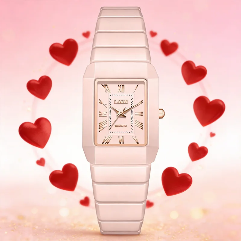

LIGE New Style Elegant Women's Quartz Watches 3ATM Waterproof Square Female Wristwatch Full Ceramic Fashion Pink Ladies Clock