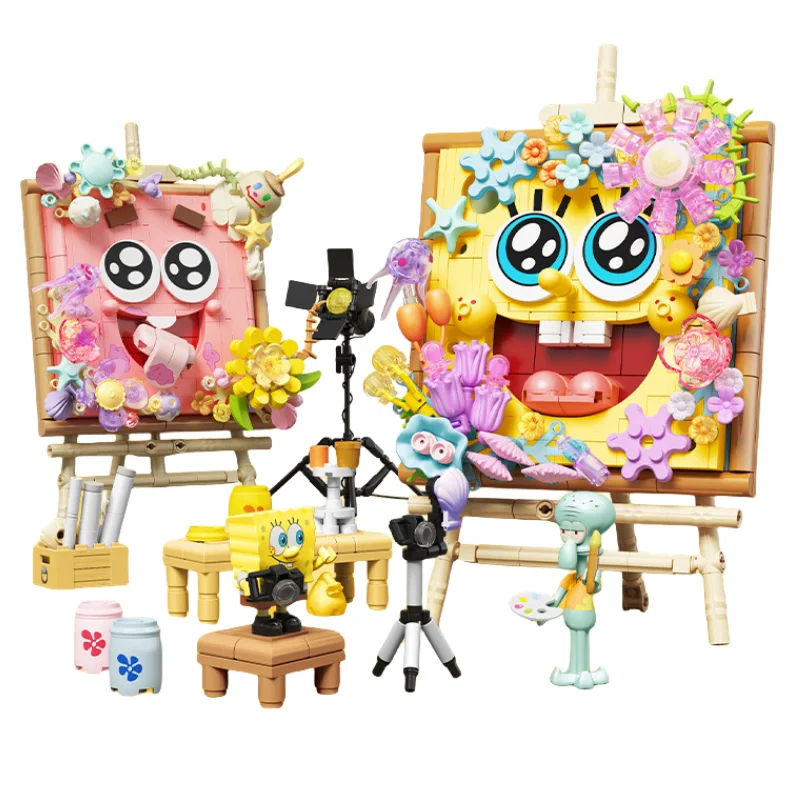 

SEMBO BLOCK SpongeBob SquarePants Creative Art Frame 3D Bouquet Figure Assembly Trendy Toys Room Decoration Holiday Gift