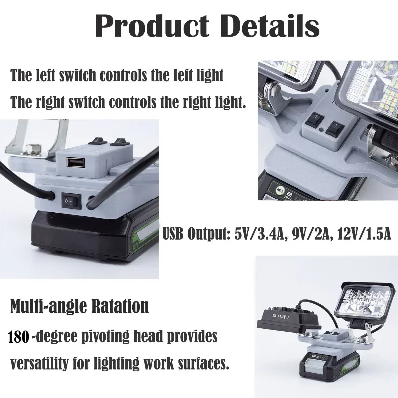 5600LM LED Work Light For GREENWORKS 24V Li-ion Battery with USB Port Outdoor Lamp w/USB Dual-head (Not include battery)