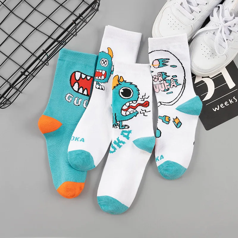 Kaos Kaki Pria Katun Motif Kartun Kaos Kaki Skateboard Kaos Kaki Panjang Lembut untuk Pria Calcetines Gaya Hip Hop Bernapas Kaos Kaki Sedang Happy Socks