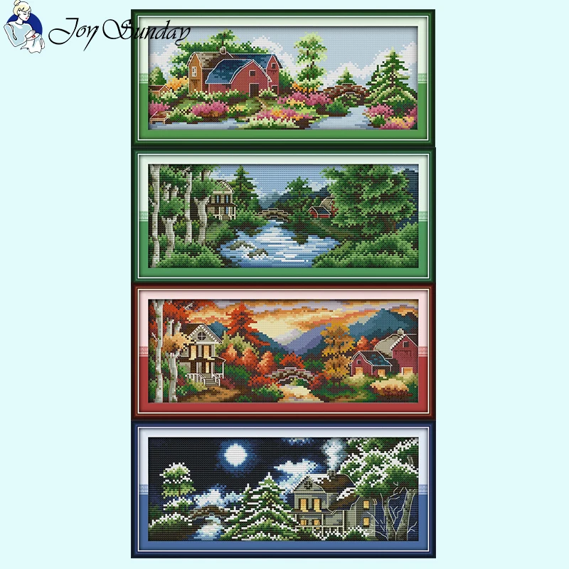 Castle Four Seasons Landscape Pattern Cross Stitch 14ct 16ct 11ct White Canvas Fabric Needle and Thread Kits DIY Hand Embroidery