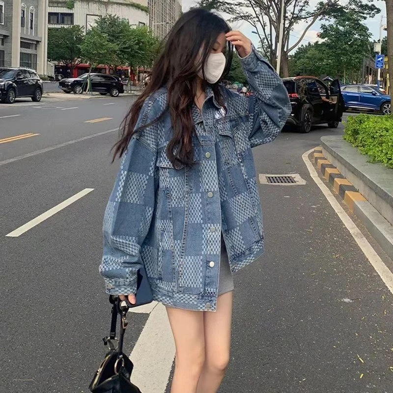 

Women's Oversized Checkered Denim - Spring/autumn Korean Style Loose Streetwear Fashion Slimming Biker
