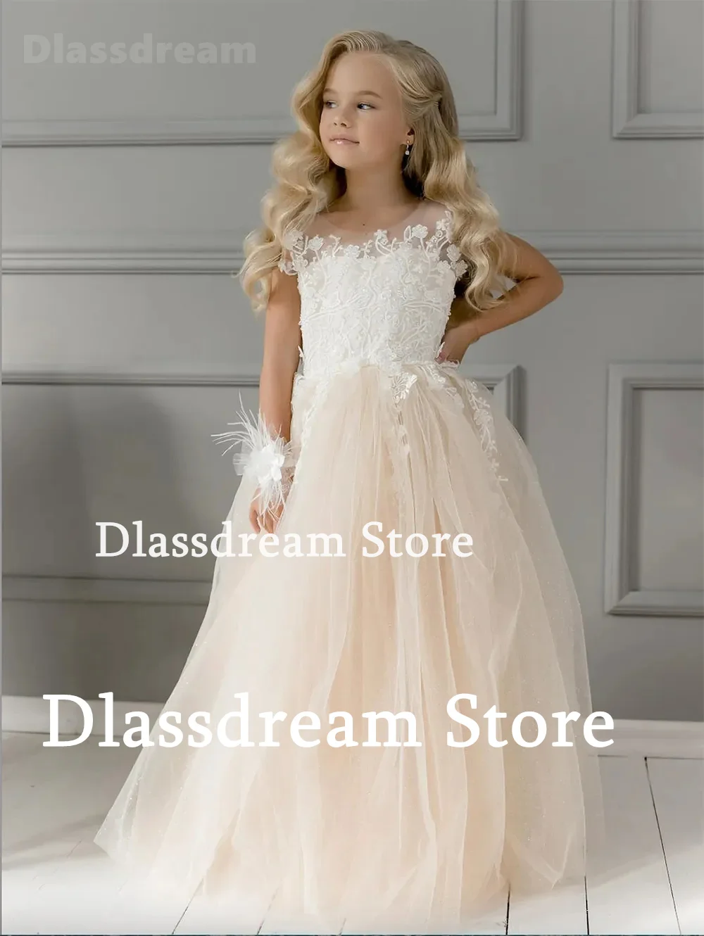 2024 Floor-Length Kids Vestidos O-Neck Sleeveless Flower Girl Dress For Wedding Princess Champagne A-Line Tulle Long Pageant Dre