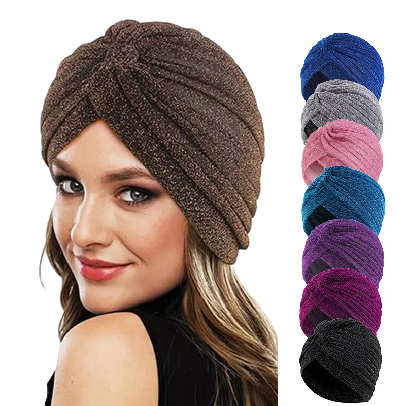 Silver Gold Headband Elegant Autumn Winter Headwear Muslim Indian Hat Skin-Friendly Shine Turban Cap For Bad Hair Day Loungewear