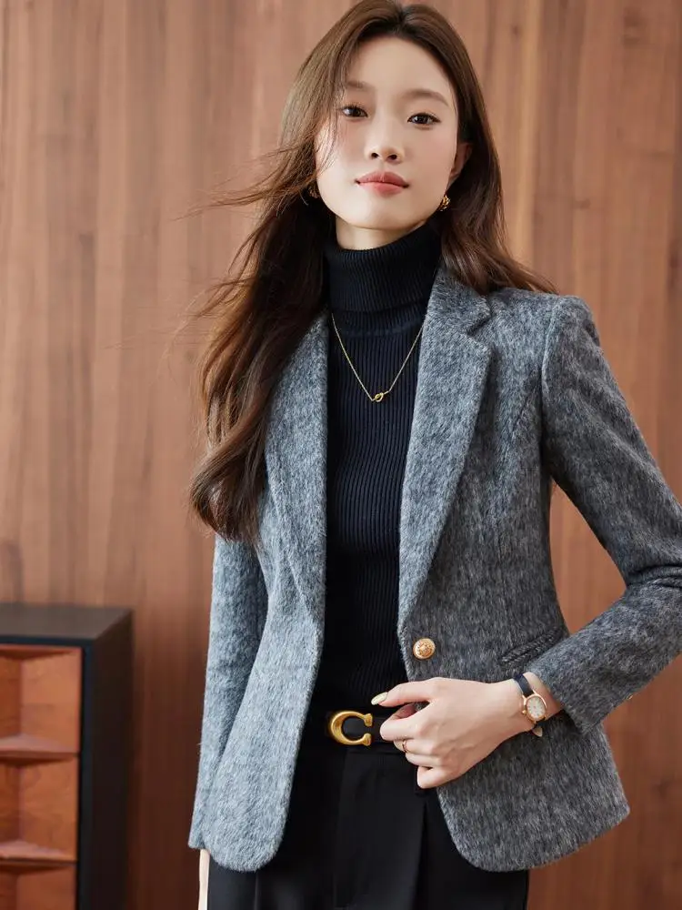 Vintage Damen Grau Elegant Langarm Wollblazer Mantel Herbst Winter Vielseitig Single Button Festival Tops 2025, Einfachheit