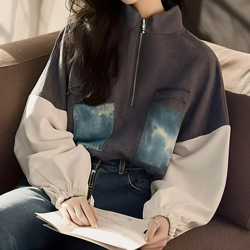 

Prints Vintage Women's Sweatshirts Loose Pullover Korean Autumn/Winter Clothing Sales Long Sleeve Patchwork Women Hoodies