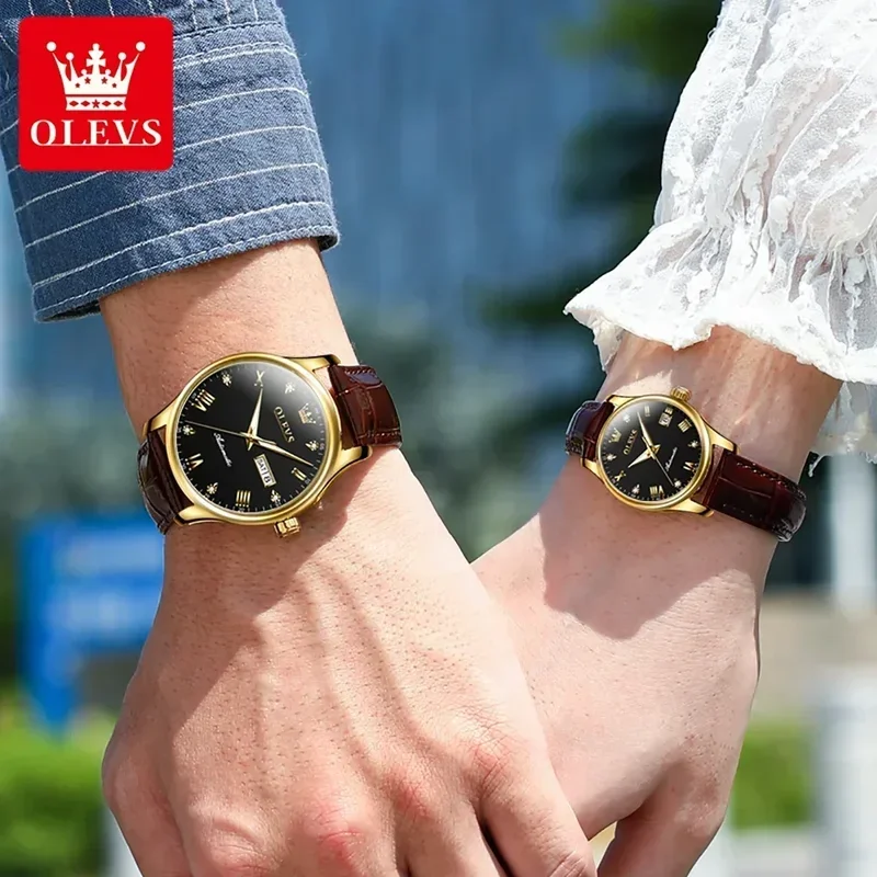 Olevs 9932 mechanical couple automatic watch leather luxury hand clock waterproof luminous calendar watches men and women