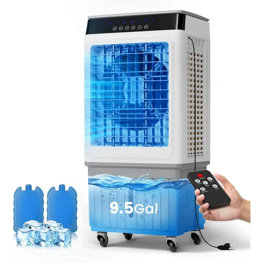 

Evaporative Air Cooler with 9 Gallon Water Tank for Efficient Portable Cooling in Outdoor and Indoor Spaces Features 2 Ice Boxe