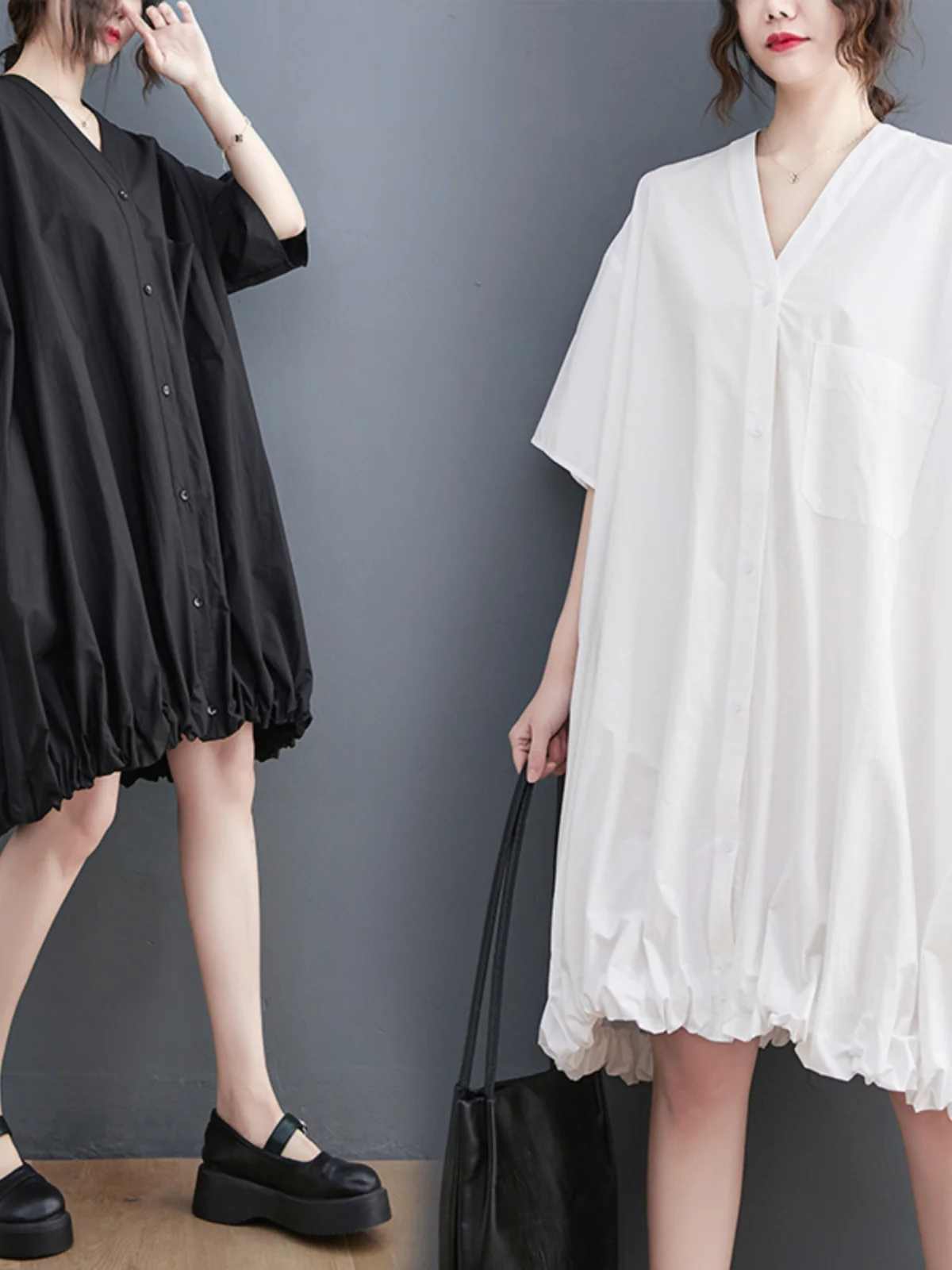 صيف جديد فضفاض V-ne irt Dr تصميم فني غير رسمي Faion Dr الكورية Sle مادة القطن ميدي تنورة زر واحد #3