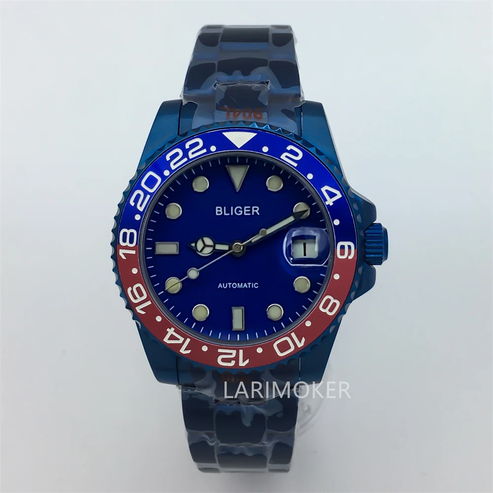 Reloj de buceo galvanizado para hombre, pulsera de acero inoxidable, cristal de zafiro, movimiento automático, correa de goma, caja azul, NH35, 40mm