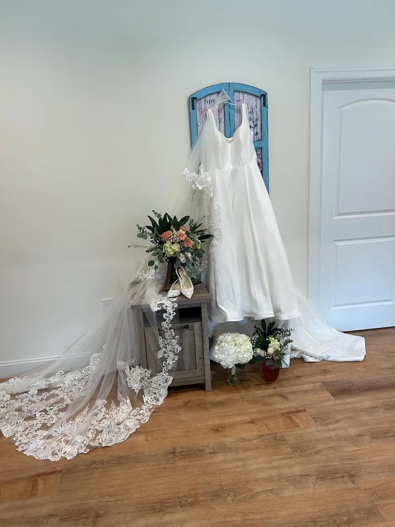 Handmade Lace Applique Cathedral Wedding Veil with Blusher Full Lace Veil Drop Veil- Custom Length & Color