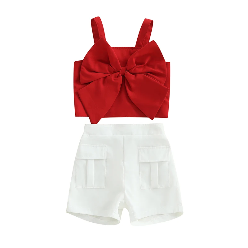 Kid Girl Summer Clothes Big Bow Front Camisole Solid Color Pocket Shorts 2 Pcs Set