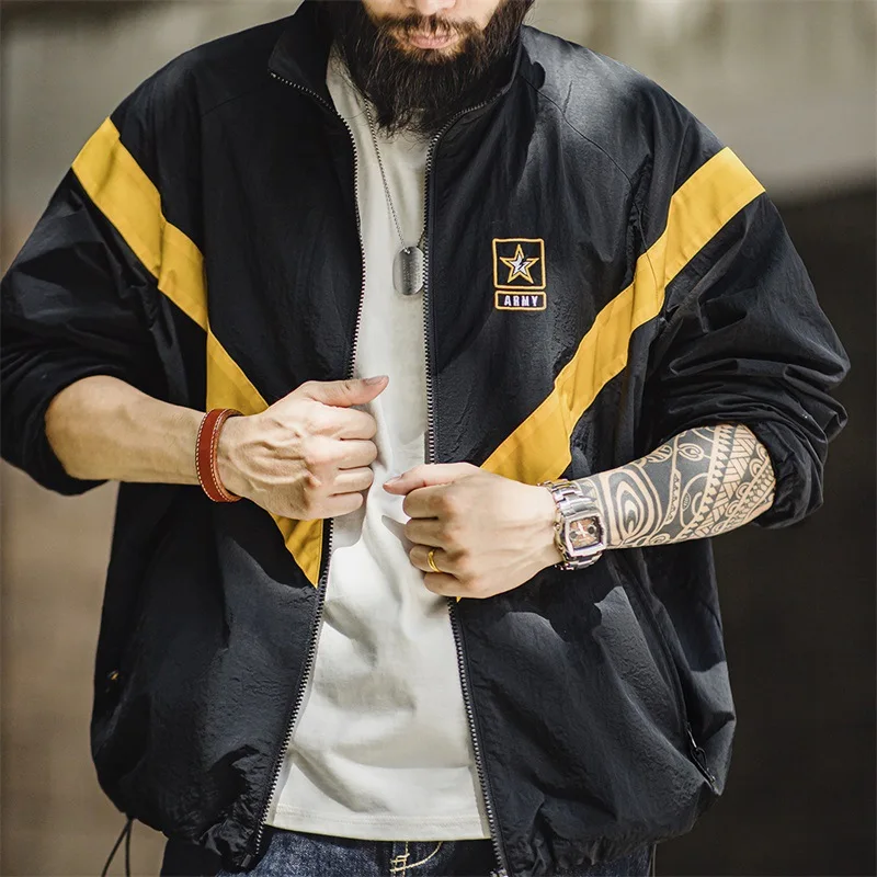 

Maden Casual Retro Training Jaet Men's Loose Fit Color Blo Stand Collar Outerwear for Autumn Spring Youth ular Nylon