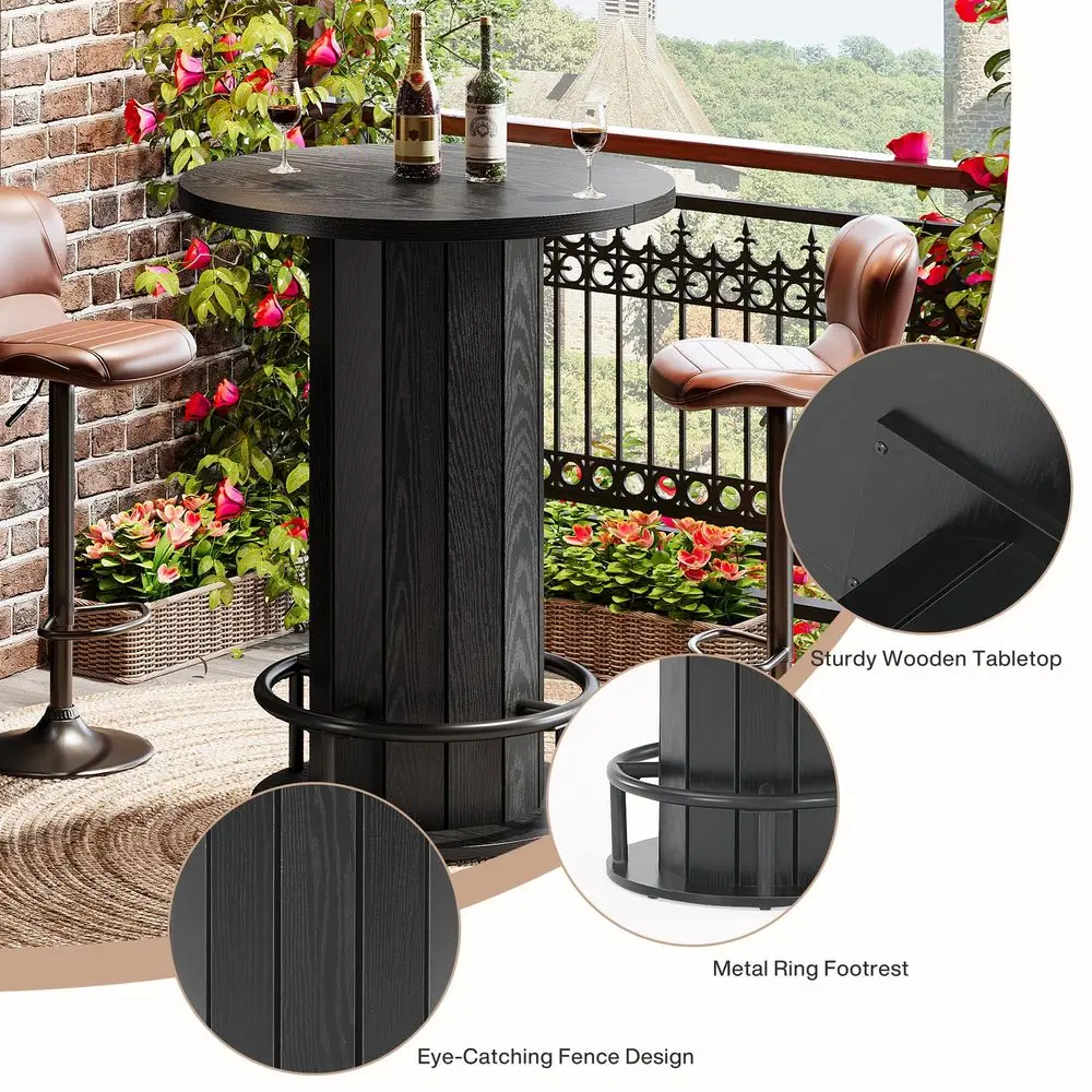 Round Bar Table, 39.4 H Wood Bistro Pub Table with Metal Ring Footrest for Dining Coffee Cocktail Living Room, Small Space, Bla