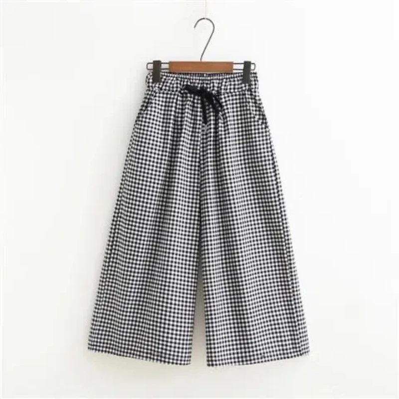 Seven Quarter Pants for Women's Summer New Elastic Waist Loose Drawstring Plaid Wide Leg Casual Pants Vintage Fashion Clothing