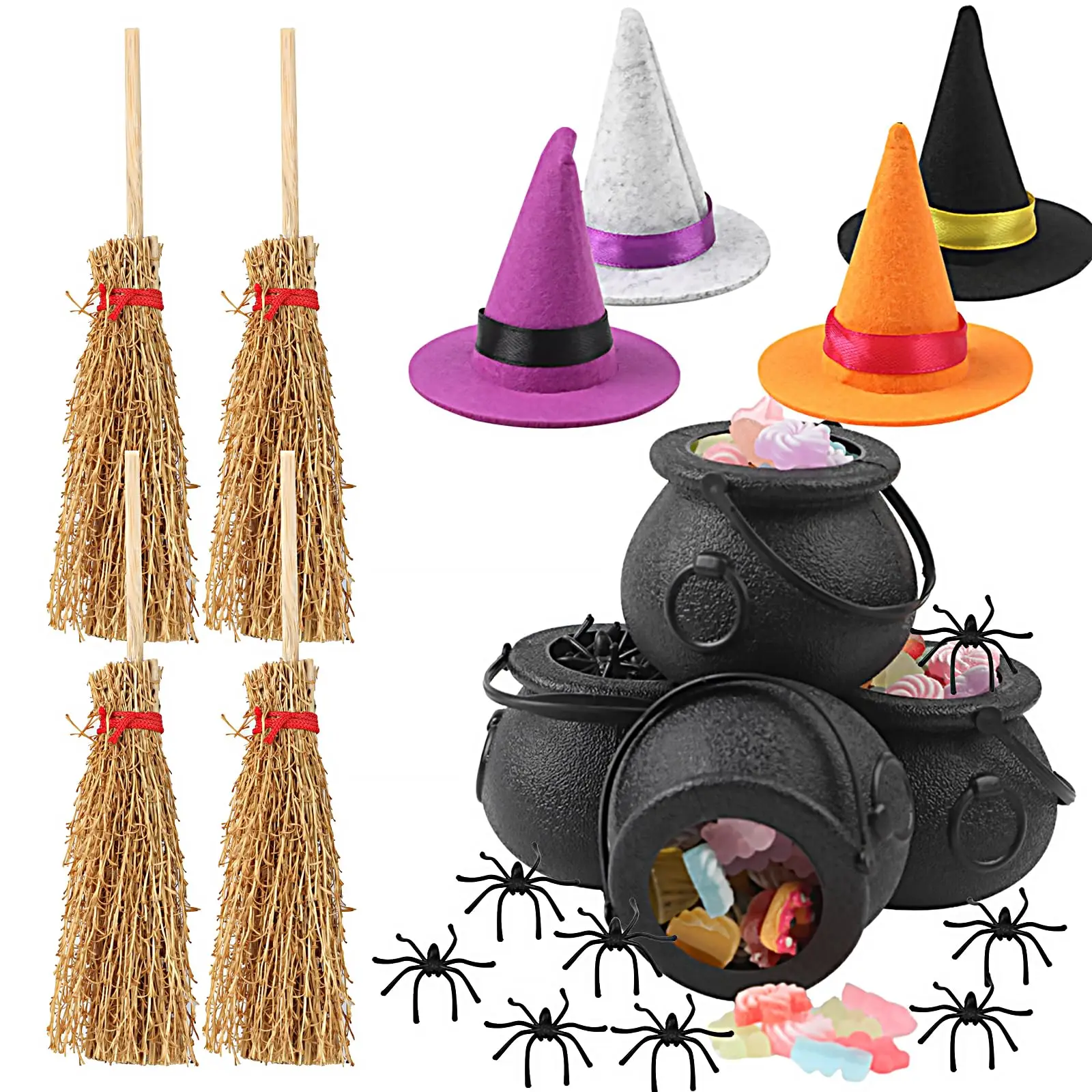 

37pcs Mini Witch Hats Black Candy Cauldron and Witch Brooms for Halloween Dollhouse Craft Accessories Table Decoration Supply