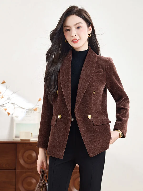 Retro Corduroy Suit Jacket Women's Casual Waist-Cinching OL Style Versatile Long Sleeve Business Casual Fashionable Coat