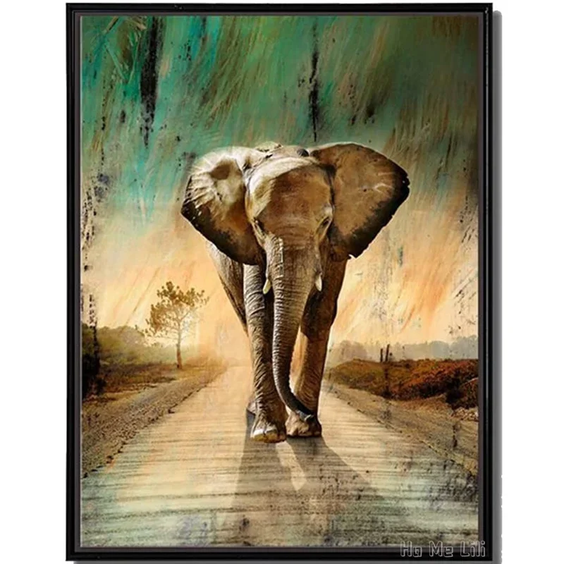 African By Ho Me Lili Wall Art Elephants Waking Down Green Grassland Road Picture Prints On Canvas For Home Bedroom Decor