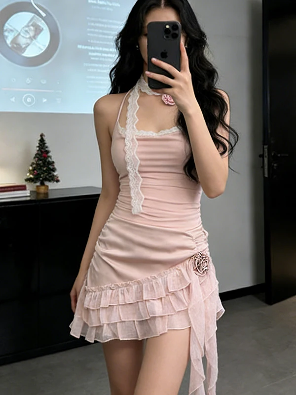 

Pure Desire Sweet Spicy Sleeveless Lace Patchwork Backless Strap High Waist Asymmetrical Half Skirt Fashionable Women's Set