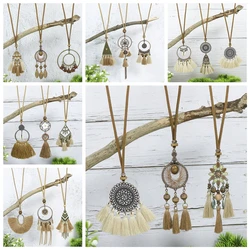 3pcs Boho Vintage Cotton Tassel Necklace Ethnic Wooden Beads Round Flower Pendant Necklace Women Sweater Chain Indian Jewelry