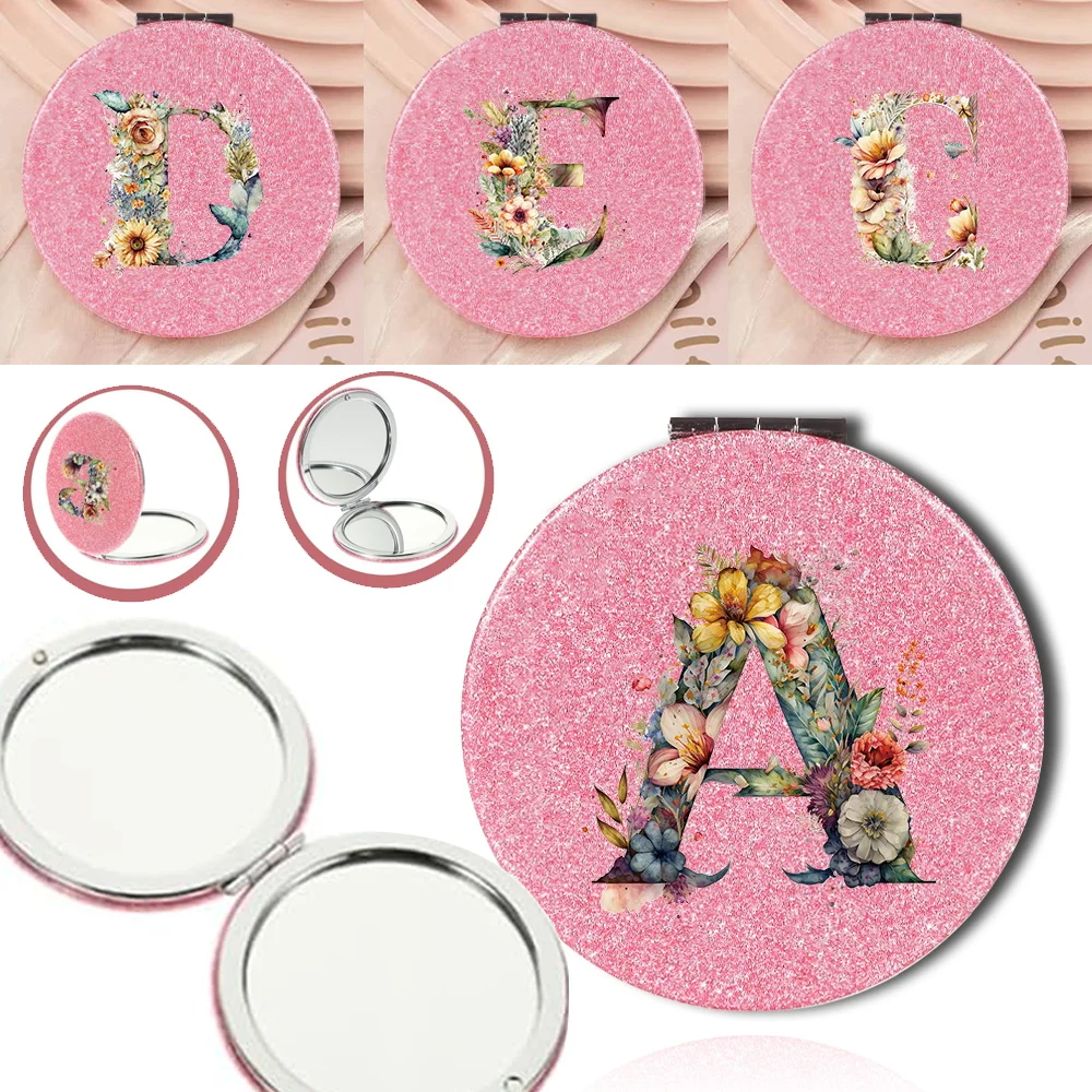 Compact Bling Makeup Pocket Mirror Folding 2-Sided PU Cosmetic Mirror Magnify Portable Outdoor Beauty Tool Floral Letter Pattern