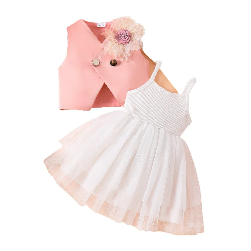 

New Summer Baby and Toddler Set Three-dimensional Floral Blazer Matching Mesh Dress Set