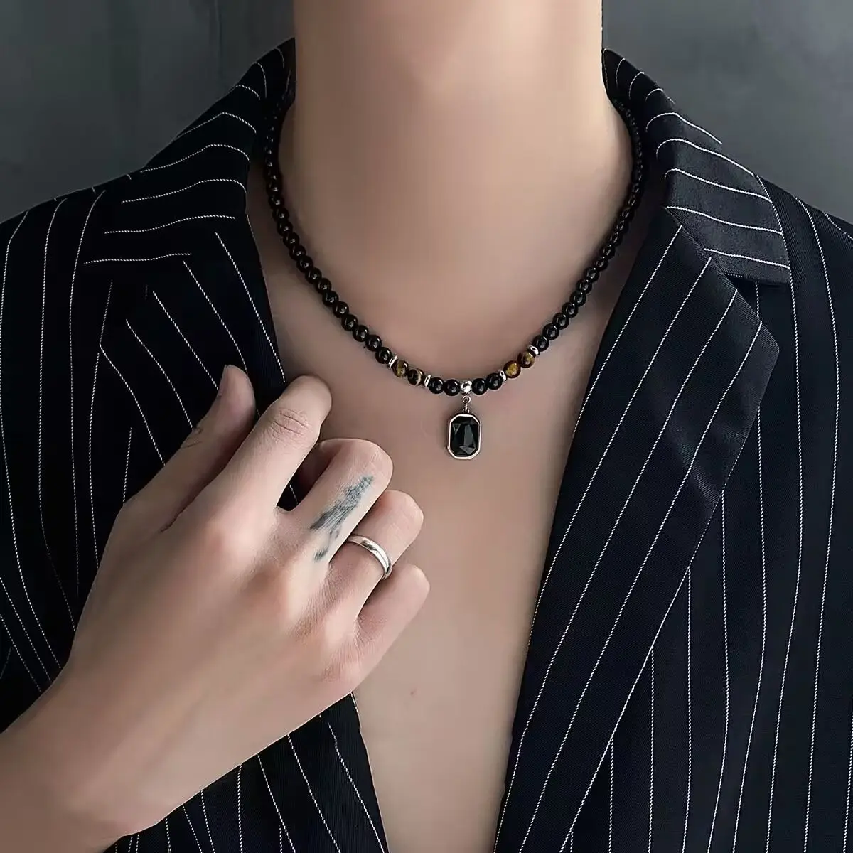 Black Beads with Square Pendant Necklace for Men Trendy Accessories on the Neck Collar 2024 Fashion Jewelry Male Gift Decoration